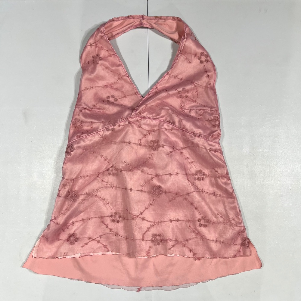 Y2K Fairy Grunge Babydoll Embroider Halter Top Sheer Floral Overlay XS Ethereal